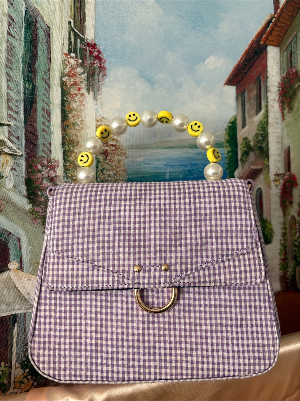 Skinny Dip London Smiley Pearl Top Handle Gingham Lilac Bag Crossbody ✨NWOT
